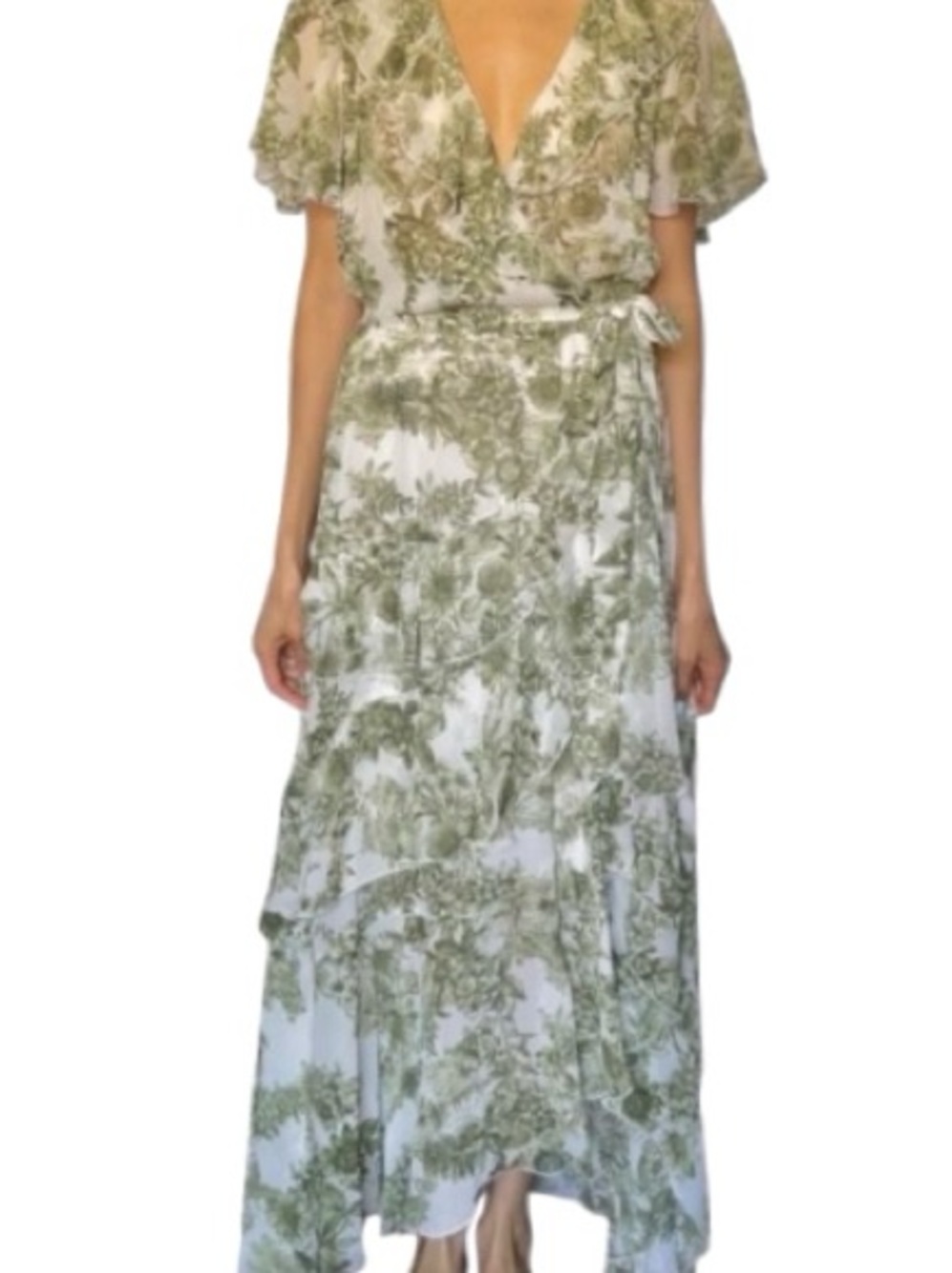 Sheer KATE & LILY Floral Toile Dress Ruffles Tie Waist Belted Medium Boho Size 8